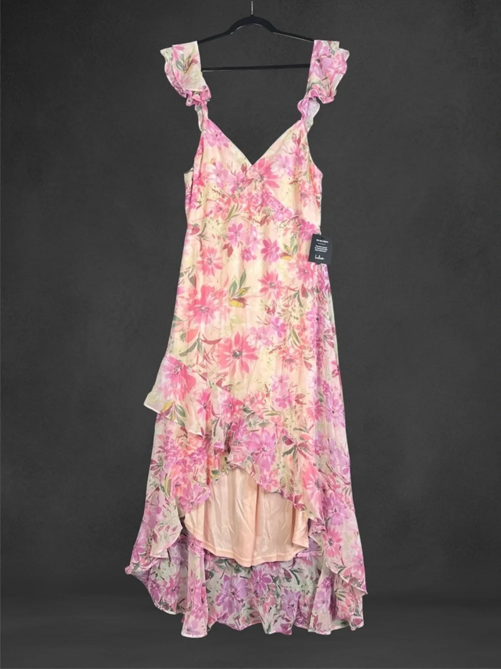 Lulus Watch Me Grow Pink Floral Print Cold-Shoulder High-Low Dress Size L NWT